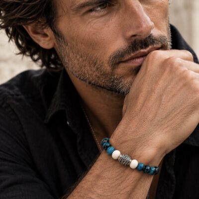 pulsera ojo de halcón y hueso con plata