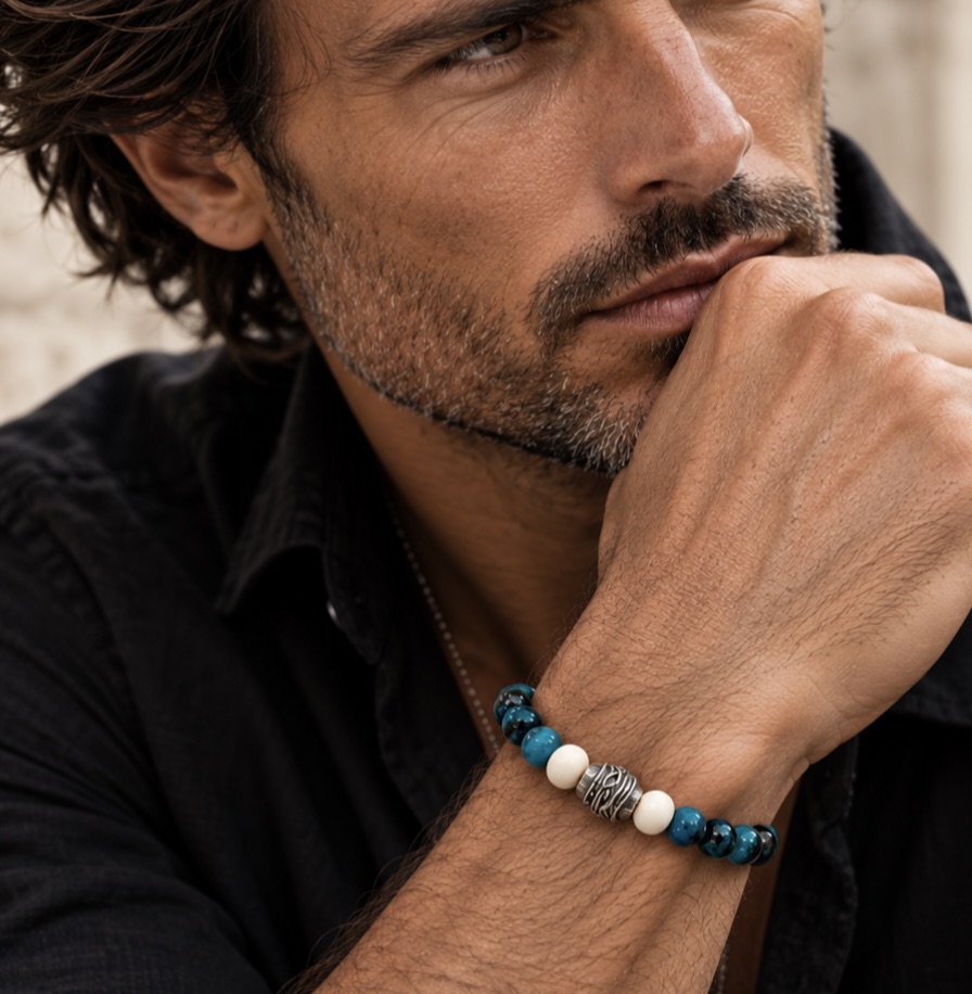 pulsera ojo de halcón y hueso con plata